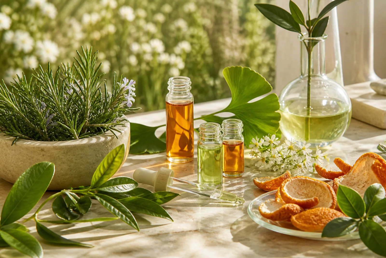 Rosemary, ginkgo leaves, citrus peel and botanical extract vessels